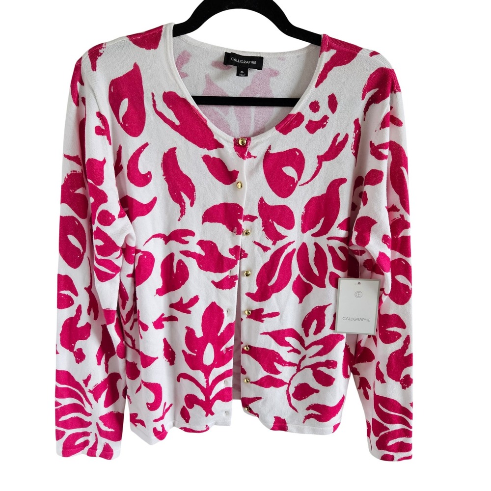Calligraphie Women Pink White Floral Leaf Cardigan Sweater XL SP24M-3648 NWT